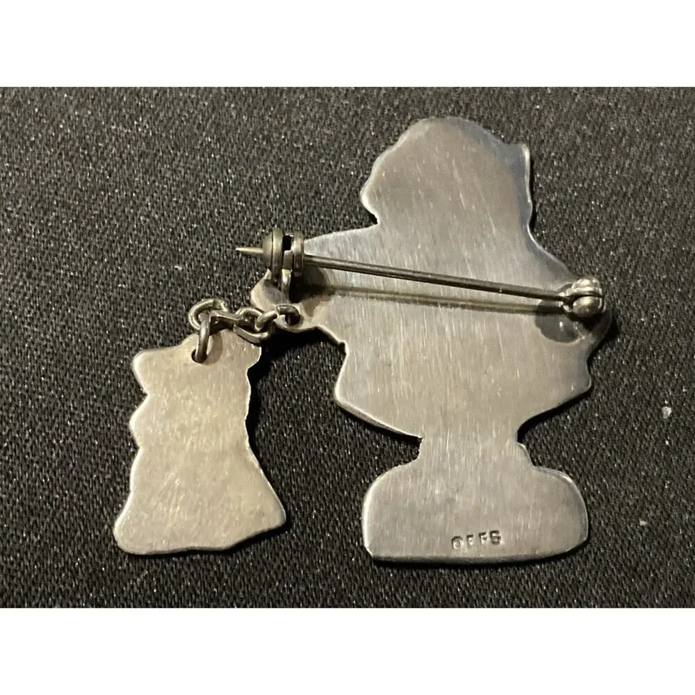 Sterling (Tested) Mexico Girl Brooch Dog On Leash Vintage